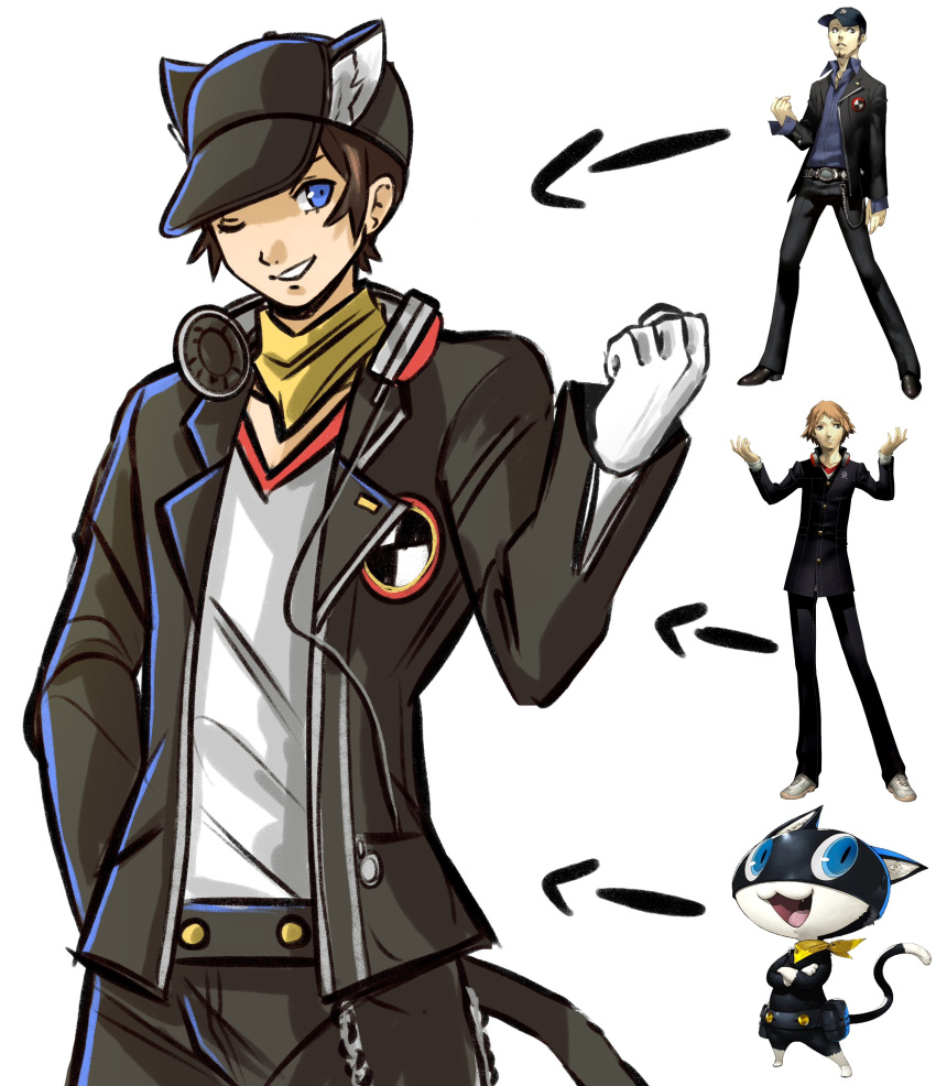 1boy absurdres animal_hat arrow_(symbol) black_headwear black_jacket black_pants blue_eyes brown_hair chimerism english_commentary fusion gimmie20dollas gloves hanamura_yousuke hat headphones headphones_around_neck highres iori_junpei jacket long_sleeves male_focus morgana_(persona_5) one_eye_closed original pants persona persona_3 persona_4 persona_5 reference_inset shirt tail white_gloves