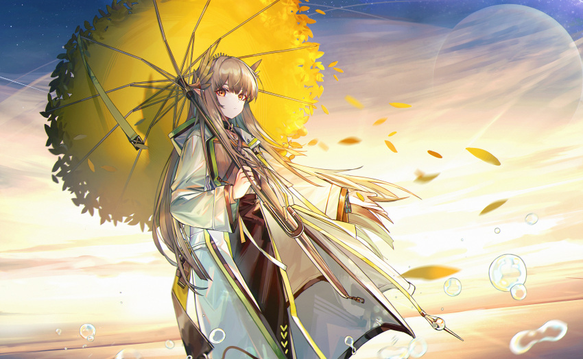 1girl absurdres arknights brown_eyes brown_hair coat commentary dutch_angle highres holding holding_umbrella jia_redian_ruzi_ruzi leaf long_hair long_sleeves muelsyse_(arknights) pointy_ears sky solo standing sunrise umbrella venus_(planet) very_long_hair white_coat wide_sleeves yellow_umbrella