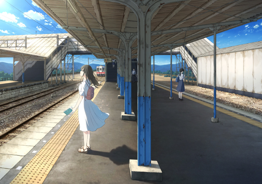1girl anyotete backpack bag black_eyes blue_sky book brown_hair clouds commentary_request day dress from_side full_body gravel highres holding holding_book looking_ahead open_book original outdoors overhead_line people railroad_tracks sandals shadow short_sleeves sky solo_focus stairs tactile_paving train train_station train_station_platform white_dress