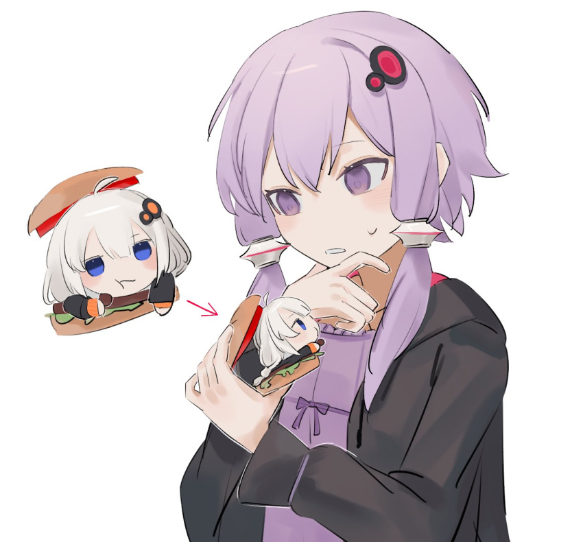 2girls ahoge arrow_(symbol) black_hoodie blue_eyes blush blush_stickers braid burger chibi commentary_request dress eating food full_mouth hair_ornament halter_dress halterneck hand_on_own_chin hands_up highres holding holding_food hood hood_down hoodie in_food kizuna_akari light_purple_hair long_sleeves looking_at_another mini_person minigirl multiple_girls multiple_views open_clothes open_hoodie parted_lips pink_hoodie projected_inset purple_dress san-shikaku simple_background stroking_own_chin sweatdrop two-tone_hoodie upper_body violet_eyes vocaloid voiceroid white_background white_hair yuzuki_yukari