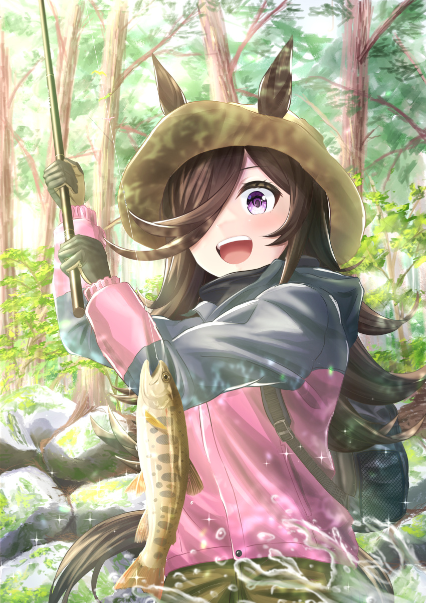 1girl :d absurdres animal animal_ears backpack bag brown_hair commentary_request ears_through_headwear fish fishing_rod fusou_(fuso0205) gloves hair_over_one_eye hat highres holding holding_fishing_rod hood hood_down horse_ears horse_girl horse_tail jacket long_hair looking_at_animal open_mouth outdoors pants rice_shower_(umamusume) rock salmon smile solo splashing tail tree umamusume violet_eyes water