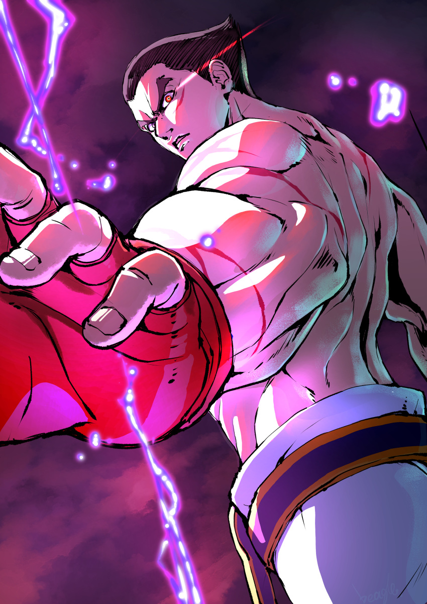 1boy absurdres battle_scarred black_hair cowboy_shot fighting_stance fingerless_gloves furrowed_brow gloves hair_slicked_back highres looking_back male_focus mishima_kazuya muscular muscular_male outstretched_hand pants parted_lips red_eyes red_gloves scar scar_on_arm scar_on_back scar_on_cheek scar_on_face short_hair solo strikebeagle tekken thick_eyebrows topless_male white_pants