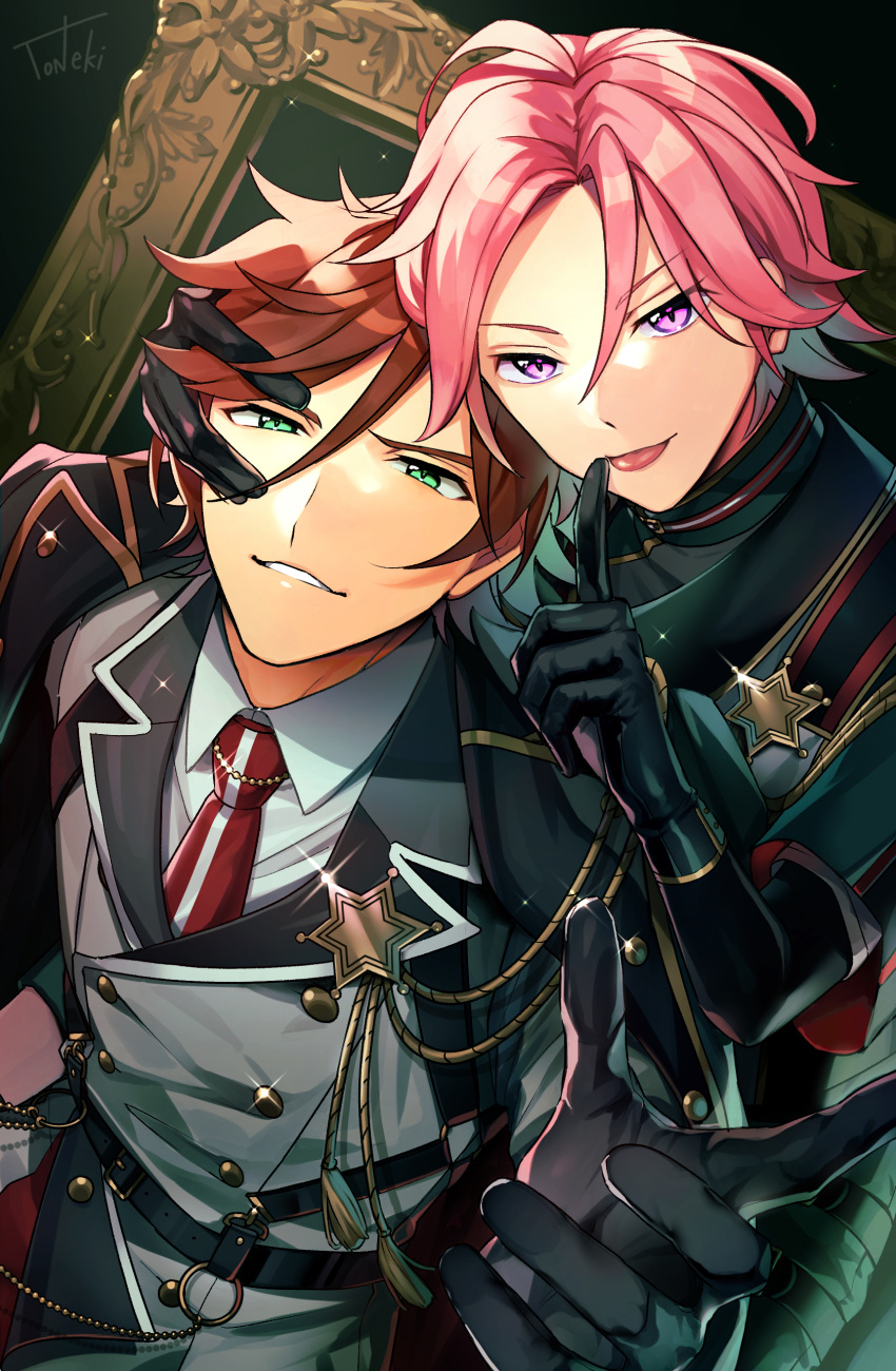 2boys :p absurdres aiguillette beckoning belt black_background black_belt black_gloves black_pants black_shirt bobo_(uccello) brown_hair buttons collar_chain_(jewelry) cowboy_shot double-breasted double_face_(ensemble_stars!) ensemble_stars! finger_to_mouth glint gloves gold_trim green_eyes grey_jacket hair_between_eyes hand_on_another's_face highres jacket jacket_on_shoulders lapels layered_sleeves light_particles long_sleeves looking_at_viewer male_focus medal mikejima_madara multiple_boys necktie notched_lapels oukawa_kohaku pants parted_bangs parted_lips petals picture_frame pink_hair red_necktie shirt short_hair short_over_long_sleeves short_sleeves smile tongue tongue_out upper_body violet_eyes white_shirt