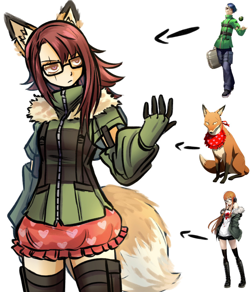 1girl absurdres animal_ears black_thighhighs chimerism closed_mouth english_commentary fox_ears fox_girl fox_tail fur-trimmed_jacket fur_trim fusion gimmie20dollas glasses gloves green_jacket heart heart_print highres jacket kitsune_(persona_4) long_hair narukami_yuu original persona persona_3 persona_4 persona_5 red_skirt redhead reference_inset sakura_futaba scar scar_across_eye shirato_jin skirt tail thigh-highs