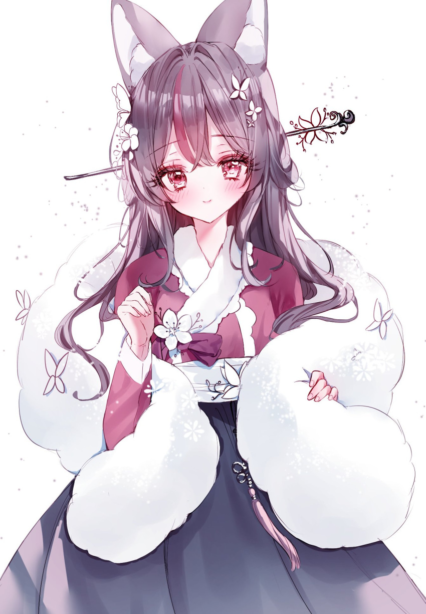 1girl animal_ear_fluff animal_ears black_hair black_skirt blush closed_mouth commentary_request flower hair_ornament hair_stick hanbok hands_up highres korean_clothes long_hair long_sleeves looking_at_viewer multicolored_hair original purple_hair red_eyes simple_background skirt smile solo streaked_hair tandohark white_background white_flower