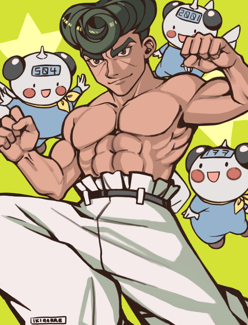 1boy artist_name baggy_pants black_hair deformed feet_out_of_frame green_background hands_up highres hunter_x_hunter ikiaarre jumping knuckle_bine looking_away male_focus muscular muscular_male nen_(hunter_x_hunter) no_nipples pants pompadour short_hair simple_background smirk solo thick_eyebrows topless_male