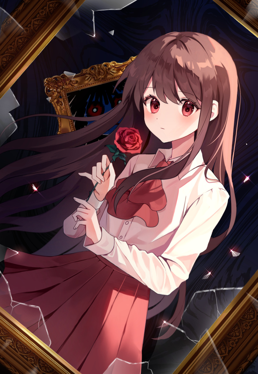 1girl ascot broken_glass brown_hair closed_mouth collared_shirt doll_(ib) floating_hair flower glass glass_shards highres holding holding_flower ib ib_(ib) long_hair long_sleeves looking_at_viewer picture_frame pleated_skirt red_ascot red_eyes red_flower red_rose red_skirt rose shards shirt skirt tissue_(syu_rmfla) very_long_hair white_shirt