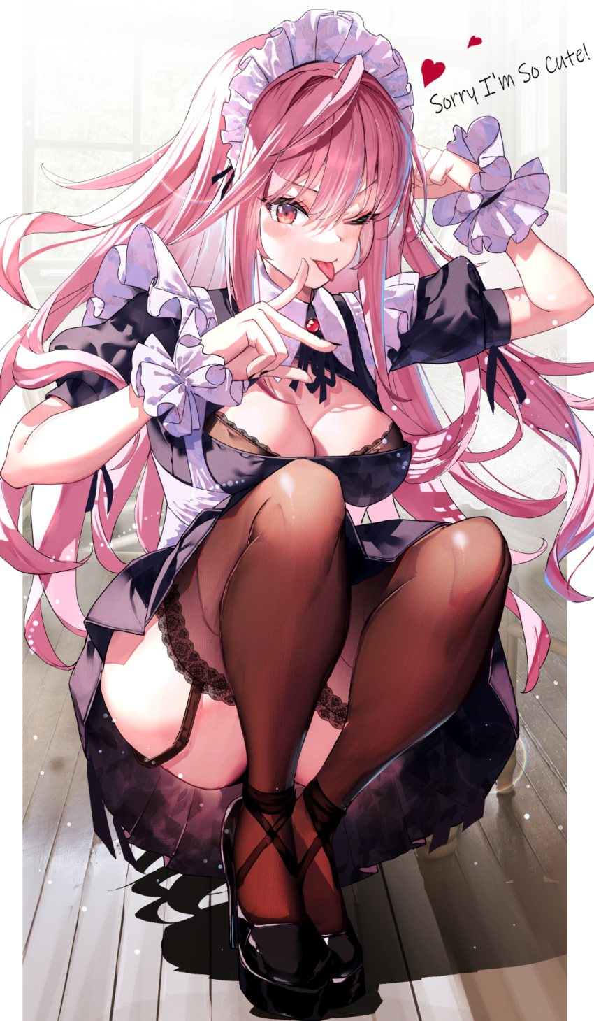 1girl ;p black_footwear breasts english_text floor garter_straps haruhina_purple heart highres hololive hololive_english lace-trimmed_legwear lace_trim long_hair looking_at_viewer maid maid_headdress mori_calliope one_eye_closed pink_hair shadow skirt solo squatting thigh-highs tongue tongue_out window