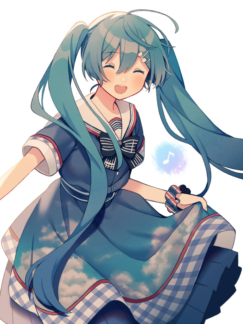 1girl ahoge aqua_hair blue_dress blue_skirt checkered_trim closed_eyes commentary_request dress edward-el hair_ornament hairclip happy hatsune_miku highres long_hair looking_at_viewer open_mouth pleated_skirt project_sekai sailor_collar short_sleeves sidelocks simple_background skirt sky_print smile solo twintails very_long_hair vocaloid white_background white_sailor_collar wrist_cuffs