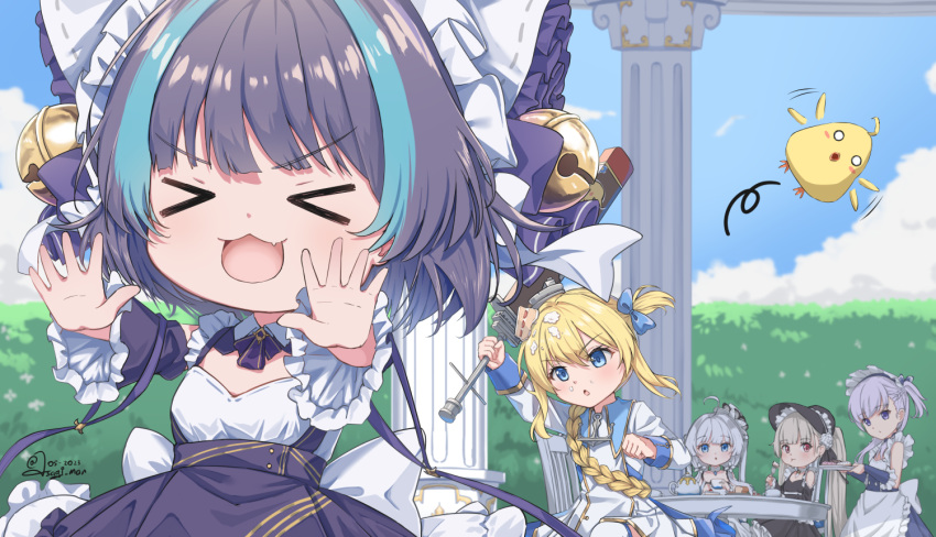 &gt;_&lt; 5girls absurdly_long_hair ahoge anchor_necklace animal_ears apron artist_name as4gi azur_lane bell bird black_dress black_headwear blonde_hair blue_bow blue_dress blue_eyes blue_sky bow braid chair chick closed_eyes clouds coat_dress column cup day detached_sleeves dress english_commentary fake_animal_ears flat_chest fleeing french_braid frilled_dress frills grey_hair hair_bell hair_bow hair_ornament holding holding_sword holding_weapon jewelry lace-trimmed_headwear lace_trim light_purple_hair little_bel_(azur_lane) little_cheshire_(azur_lane) little_formidable_(azur_lane) little_illustrious_(azur_lane) little_renown_(azur_lane) long_hair long_ribbon long_sleeves looking_at_another maid maid_headdress manjuu_(azur_lane) multicolored_hair multiple_girls necklace open_mouth outdoors pillar purple_apron purple_hair red_eyes running short_hair signature sitting sky streaked_hair sword table tea_party teacup twintails two-tone_dress two-tone_hair very_long_hair violet_eyes waist_apron weapon white_apron white_dress white_hair