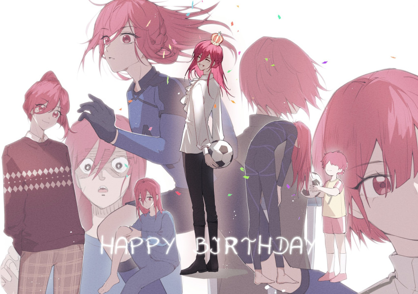 6+boys ^_^ aged_down ball black_bodysuit black_footwear black_gloves black_pants blue_lock blue_pants blue_shirt blue_shorts bodysuit boots braid brown_pants chigiri_hyoma closed_eyes closed_mouth confetti gloves grin happy_birthday highres holding holding_ball jacket long_hair long_sleeves looking_at_viewer looking_away male_focus multiple_boys p66666l pants ponytail red_eyes red_jacket redhead running shirt shorts smile soccer_ball soccer_uniform sportswear white_background white_shirt