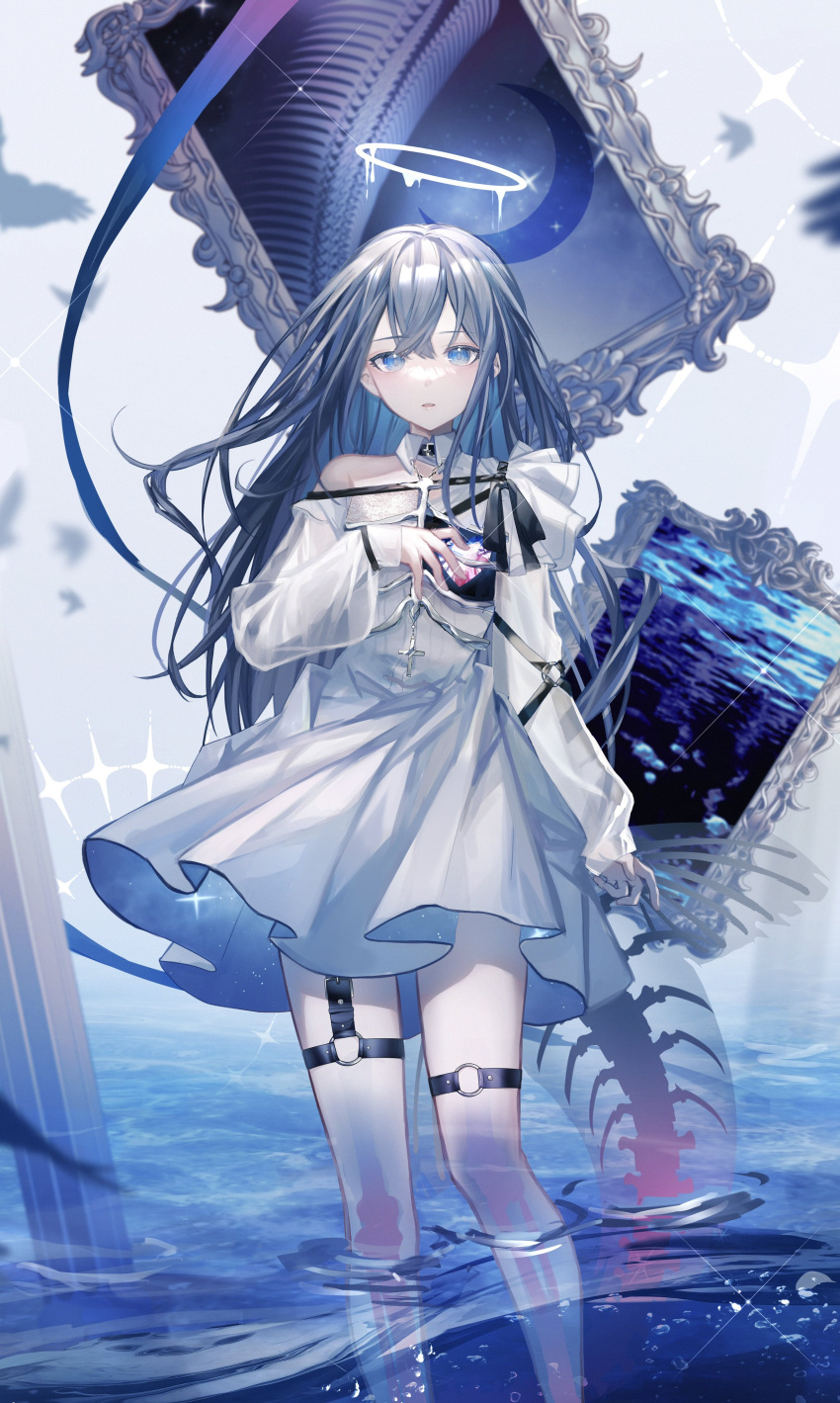 1girl absurdres aono_99 black_choker black_ribbon blue_eyes blue_hair blue_ribbon bone choker collared_dress crescent dress fins fish_tail halo hand_on_own_chest heart_(organ) highres long_hair long_sleeves melting_halo o-ring o-ring_strap o-ring_thigh_strap original pantyhose picture_frame ribbon ribs solo sparkle tail thigh_strap translucent_skin wading water white_dress white_pantyhose