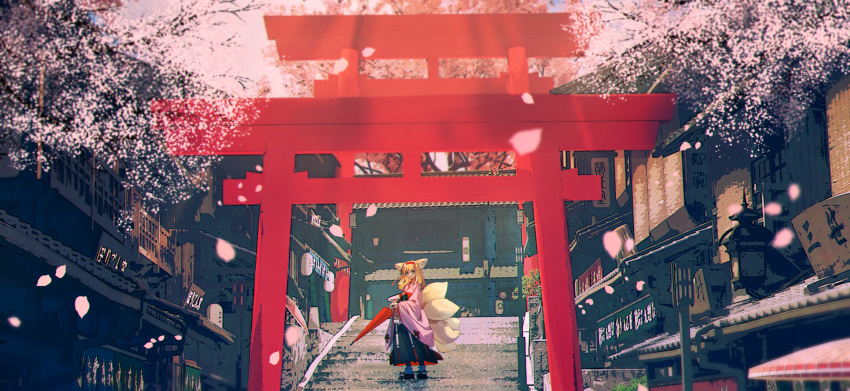 1girl absurdres animal_ear_fluff animal_ears arknights black_footwear black_hakama blonde_hair building closed_umbrella commentary_request fox_ears fox_girl fox_tail green_eyes hakama haku_(muc12b) highres holding holding_umbrella japanese_clothes kimono kitsune long_hair oil-paper_umbrella petals pink_kimono scenery socks solo stairs stone_stairs suzuran_(arknights) suzuran_(yukibare)_(arknights) tail torii umbrella white_socks zouri