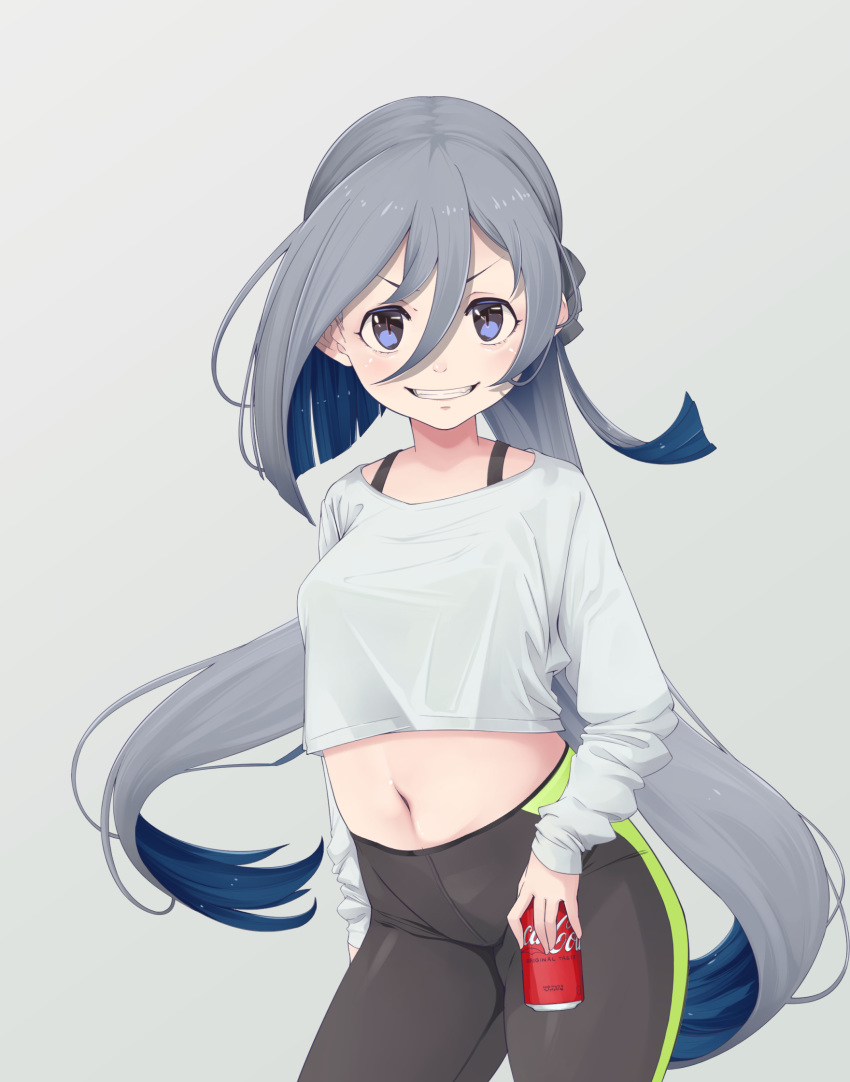 1girl black_pants blue_eyes blue_hair blush can grey_background grey_hair grin hair_between_eyes highres holding holding_can kantai_collection kiyoshimo_(kancolle) long_hair long_sleeves looking_at_viewer multicolored_hair navel neko_no_hige pants shirt simple_background smile solo white_shirt
