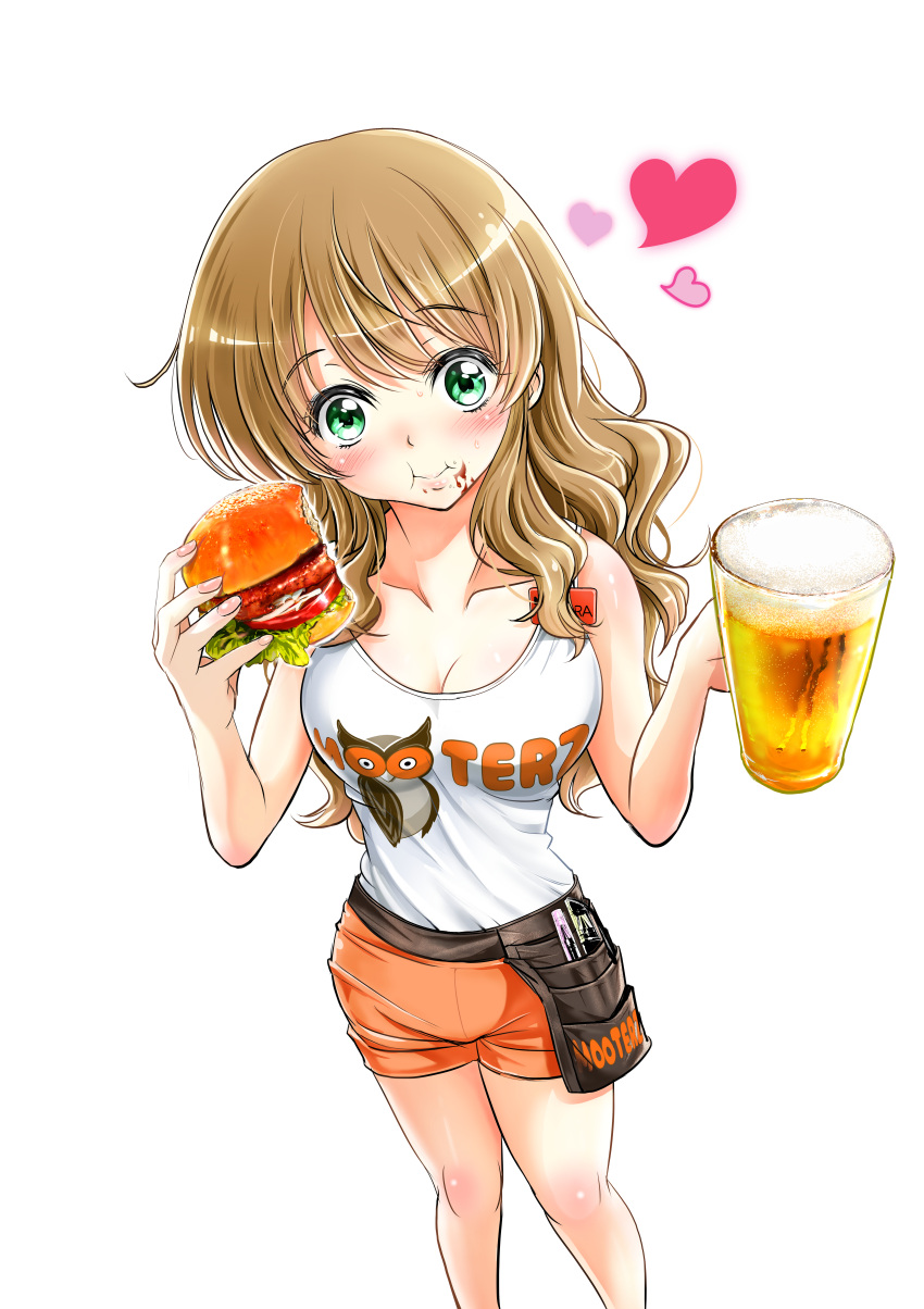 1girl absurdres alcohol beer blush brown_hair fd375575 feet_out_of_frame food food_on_face green_eyes heart highres hooters lettuce long_hair looking_at_viewer orange_shorts original outline print_tank_top shorts simple_background solo tank_top tomato tomato_slice white_background white_outline white_tank_top