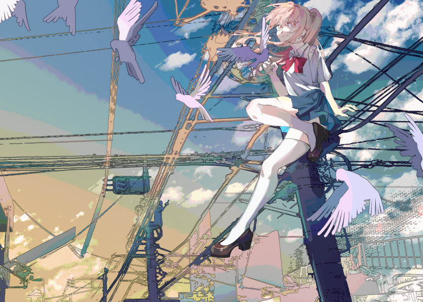 1other akiyama_mizuki bird black_footwear blue_skirt blue_sky bow bowtie closed_mouth dove gakukaeru highres looking_at_viewer looking_to_the_side pleated_skirt project_sekai red_bow red_bowtie shirt shoes short_sleeves side_ponytail skirt sky smile solo thigh-highs utility_pole white_shirt white_thighhighs