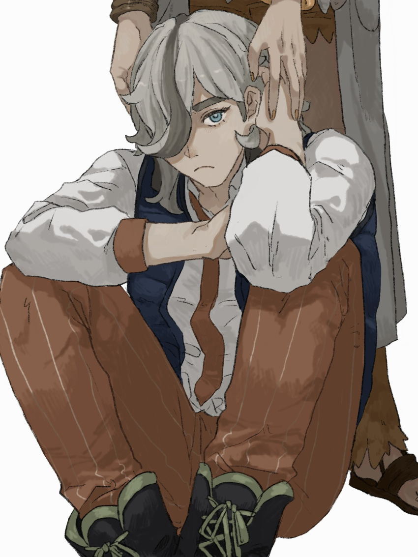 1boy 1girl :&lt; aqua_eyes arven_(pokemon) black_footwear blue_vest boots bracelet brown_hair closed_mouth coat collared_shirt cross-laced_footwear feet_out_of_frame grey_hair hair_over_one_eye hand_in_own_hair hand_on_own_arm hands_on_another's_head highres jewelry knees_up lab_coat lace-up_boots looking_at_viewer male_focus medium_hair mother_and_son naranja_academy_school_uniform necktie open_clothes open_coat open_vest orange_nails orange_necktie orange_pants orange_shorts out_of_frame pants pinstripe_pants pinstripe_pattern pokemon pokemon_(game) pokemon_sv ramuniku_ooo sada_(pokemon) sandals school_uniform shirt shorts simple_background sitting solo_focus standing striped thick_eyebrows vest white_background white_shirt