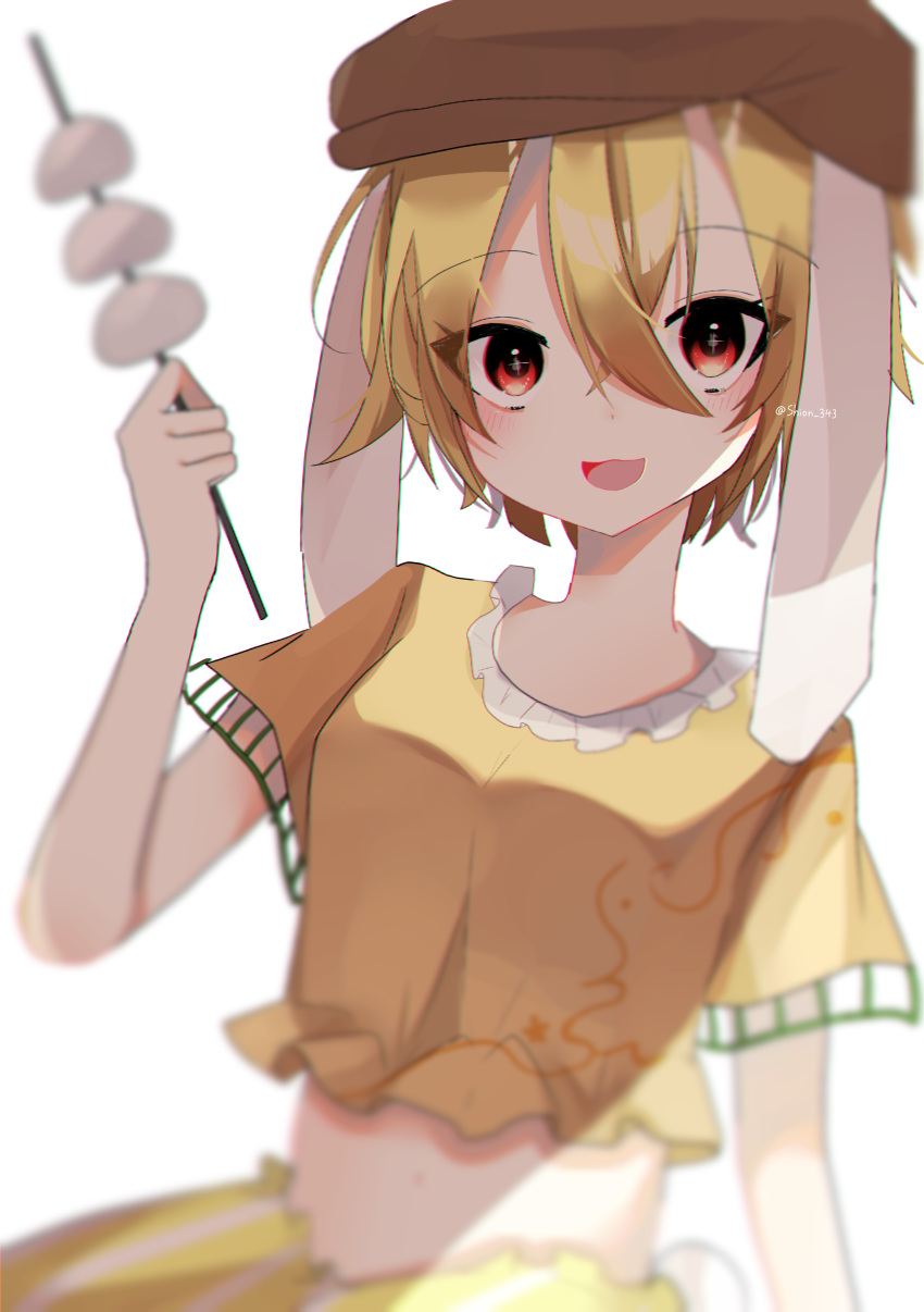 1girl absurdres animal_ears blonde_hair blurry blurry_foreground blush breasts brown_headwear cabbie_hat commentary crop_top dango depth_of_field eyelashes floppy_ears food frills hair_between_eyes hat highres legacy_of_lunatic_kingdom medium_breasts midriff open_mouth orange_eyes orange_shirt rabbit_ears rabbit_tail ringo_(touhou) shion_343 shirt short_hair shorts soft_focus solo standing tail touhou wagashi yellow_shorts