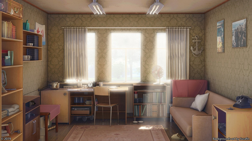 anchor_symbol artist_name book bookshelf building cabinet ceiling chair couch cup curtains cushion dumbbell flag hand_fan highres kettle no_humans original painting_(object) refrigerator scenery shadow slippers suitcase sunlight surafin table window