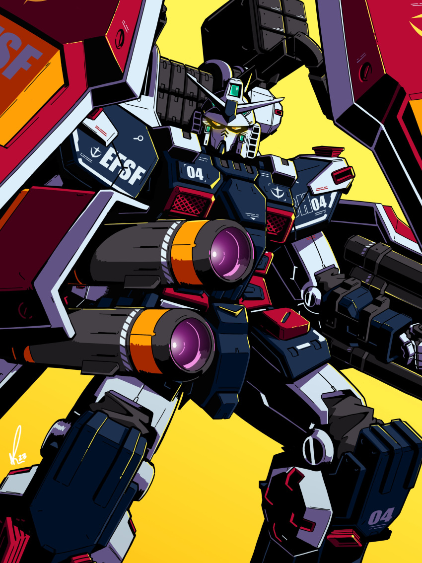 absurdres alex_(apdoodles) arm_shield beam_cannon earth_federation_space_forces full_armor_gundam gundam gundam_thunderbolt highres looking_at_viewer mecha missile_pod mobile_suit no_humans robot science_fiction signature simple_background solo standing v-fin yellow_background yellow_eyes