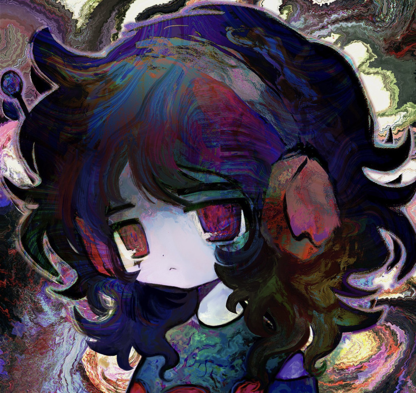 1girl :&lt; abstract abstract_background black_hair dot_nose expressionless green_shirt headphones highres kitoral medium_hair messy_hair multicolored_hair multicolored_shirt no_pupils original outline psychedelic shirt solo violet_eyes
