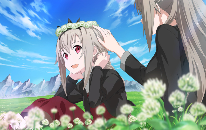 2girls :d black_hairband black_jacket blue_sky blurry blurry_foreground character_request clouds day dress eydis_(sao) flower grey_hair hair_between_eyes hairband hand_on_another's_head head_wreath jacket long_dress long_hair long_sleeves mary_(sao) mountainous_horizon multiple_girls open_clothes open_jacket open_mouth outdoors red_dress red_eyes siblings sisters sitting sky smile sword_art_online sword_art_online:_alicization white_flower