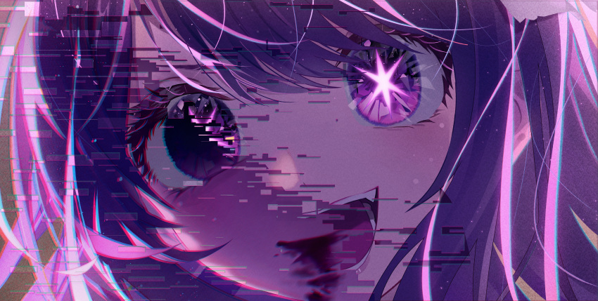 1girl absurdres before_and_after blood blood_from_mouth chromatic_aberration close-up commentary_request death empty_eyes eyelashes fangs glitch hair_between_eyes hair_ornament highres hoshino_ai_(oshi_no_ko) jebura light_particles looking_at_viewer open_mouth oshi_no_ko purple_hair sidelocks solo spoilers star-shaped_pupils star_(symbol) swept_bangs symbol-shaped_pupils teeth violet_eyes