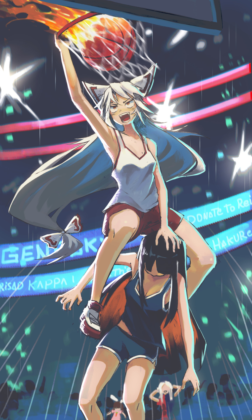 &gt;:) 4girls :d animal_ears armpits audience ball basketball basketball_(object) basketball_hoop basketball_uniform black_hair blue_dress bow camera_flash carrot_necklace colored_inner_hair dress fire fujiwara_no_mokou hand_on_another's_head highres houraisan_kaguya inaba_tewi jewelry long_hair medium_hair multicolored_clothes multicolored_dress multicolored_hair multiple_girls necklace nyztsune open_mouth pink_dress rabbit_ears red_dress red_eyes red_shorts shirt shoes shorts smile sneakers sportswear tank_top teeth v-shaped_eyebrows very_long_hair white_bow white_footwear white_hair white_shirt yagokoro_eirin