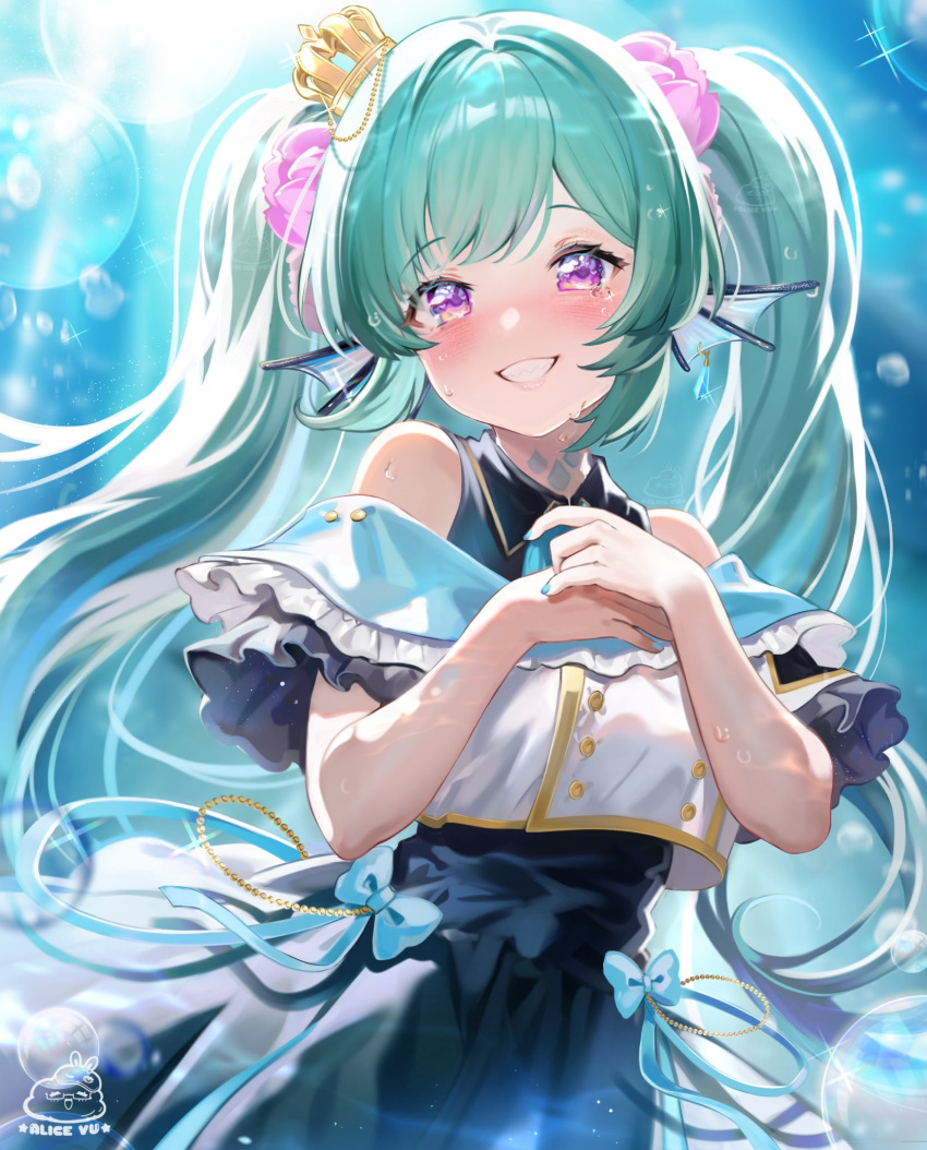 1girl alice_vu black_dress blue_nails commentary crown crying crying_with_eyes_open dress english_commentary finana_ryugu fins flower green_hair hair_flower hair_ornament hands_on_own_chest head_fins highres long_hair nijisanji nijisanji_en off_shoulder purple_flower smile solo tears twintails violet_eyes virtual_youtuber