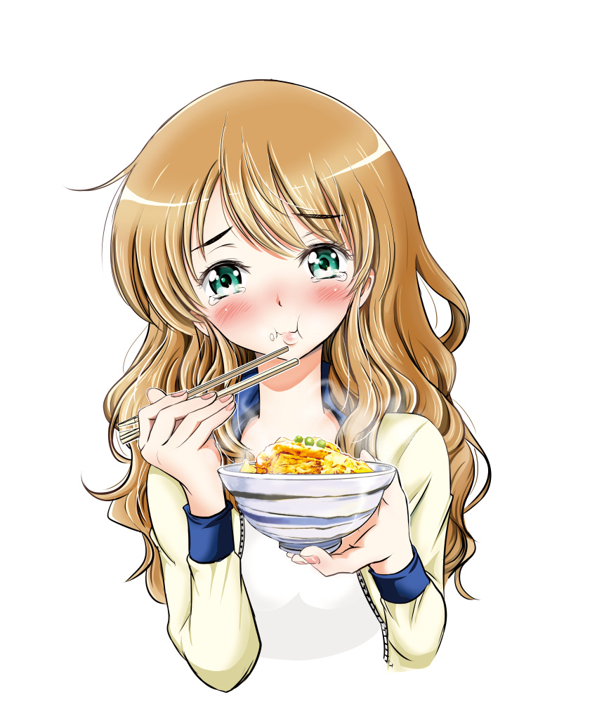1girl absurdres aqua_eyes blush bowl brown_hair chopsticks fd375575 food highres holding holding_bowl jacket katsudon_(food) long_hair long_sleeves looking_at_viewer original outline simple_background solo sparkle steam tears upper_body white_background white_outline yellow_jacket