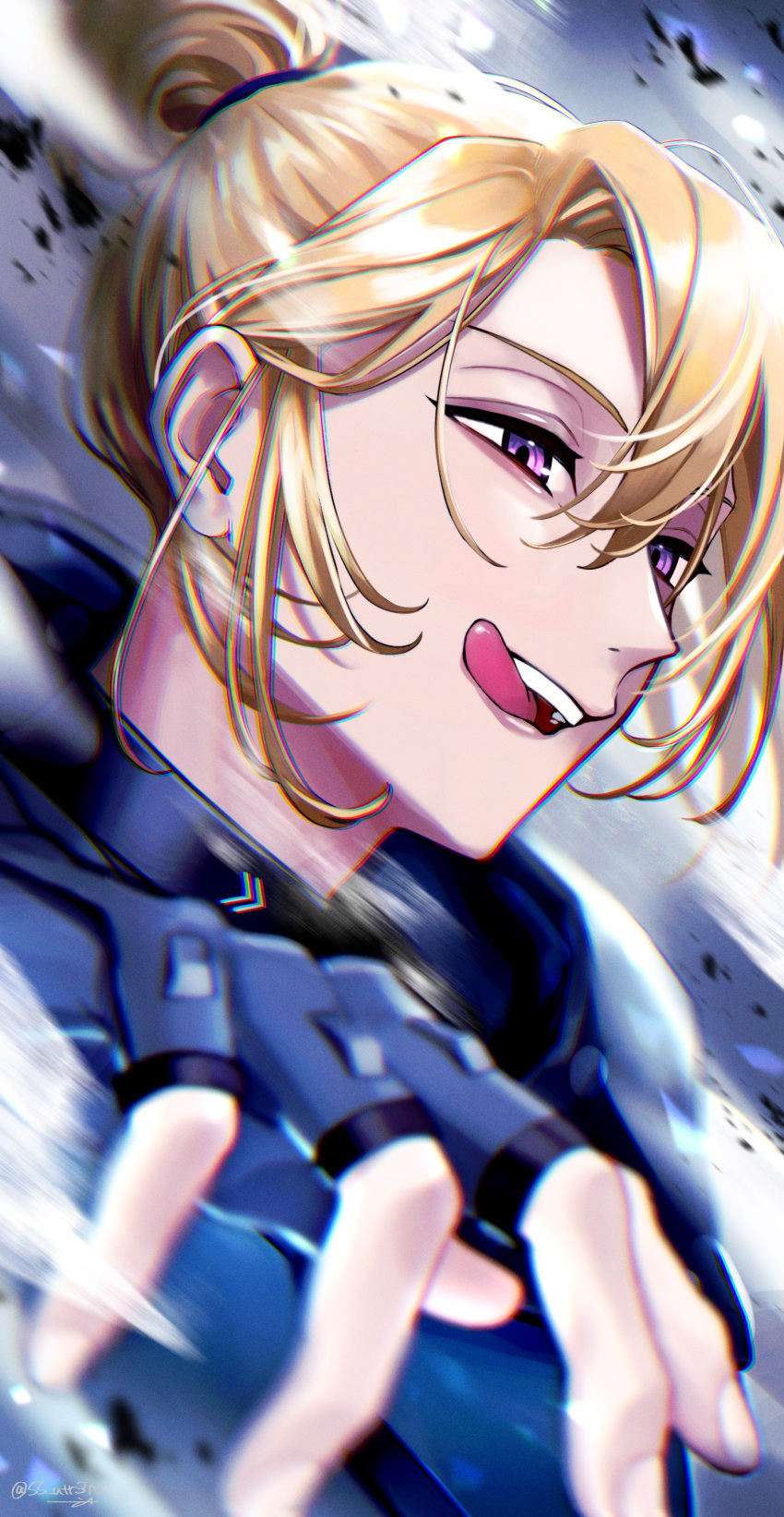 1boy absurdres alternate_hairstyle artist_name blonde_hair blue_gloves blurry blurry_foreground commentary debris english_commentary fingerless_gloves floating_hair gloves hair_between_eyes hand_up high_ponytail highres licking_lips long_hair looking_away luca_kaneshiro male_focus nijisanji nijisanji_en open_mouth parody ponytail sidelocks smile smoke solo ss_utr3n teeth tongue tongue_out twitter_username upper_body upper_teeth_only valorant violet_eyes virtual_youtuber