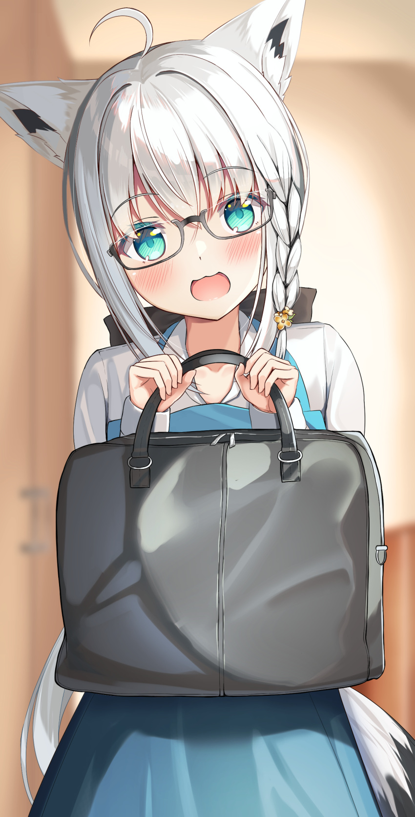 1girl :d absurdres ahoge animal_ear_fluff animal_ears apron aqua_eyes bag blue_apron blush braid commentary_request fox_ears fox_girl grey_hair highres holding holding_bag hololive hololive_gamers long_hair long_sleeves looking_at_viewer official_alternate_costume open_mouth pov_doorway rappi shirakami_fubuki shiranui_flare_(3rd_costume) shirt side_braid smile solo virtual_youtuber white_shirt