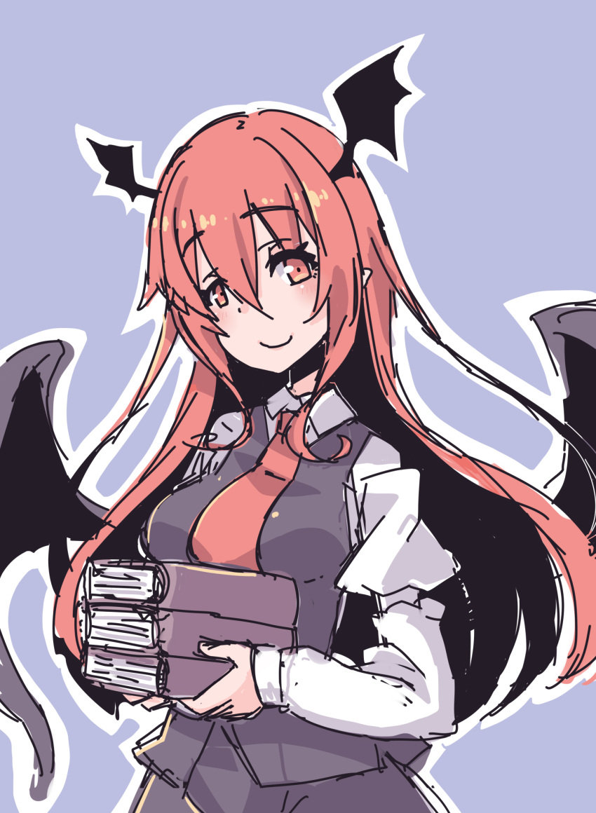 1girl bat_wings black_skirt black_vest black_wings book closed_mouth collared_shirt grey_background head_wings highres holding holding_book koakuma kuro-ekaki long_hair long_sleeves looking_at_viewer necktie outline pointy_ears red_eyes red_necktie redhead shirt simple_background skirt smile solo touhou vest white_outline white_shirt wings