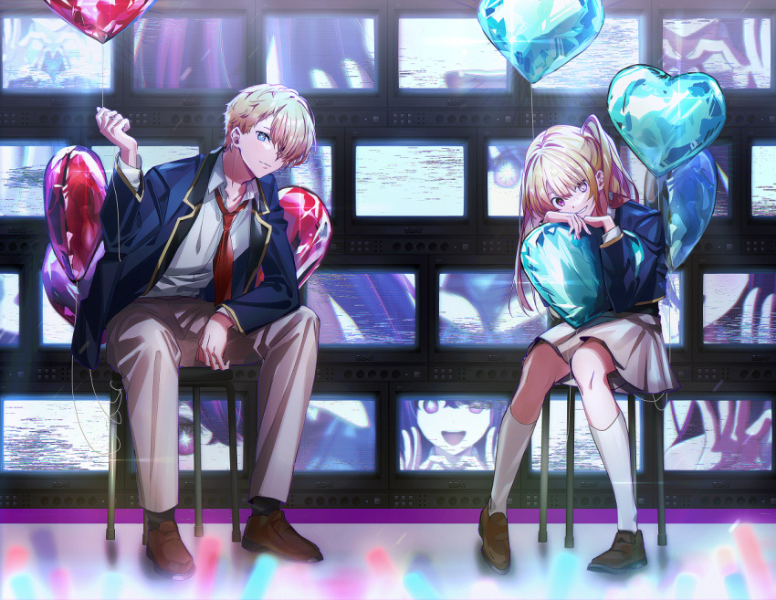 1boy 1girl arm_support balloon blazer blonde_hair blue_eyes blue_jacket brown_footwear closed_mouth commentary daenarys english_commentary grey_pants grey_skirt hair_over_one_eye heart_balloon hoshino_aquamarine hoshino_ruby jacket long_hair long_sleeves looking_at_viewer mismatched_pupils necktie object_hug one_side_up open_clothes open_jacket oshi_no_ko pants pink_eyes pleated_skirt red_necktie school_uniform short_hair siblings sidelocks sitting skirt smile socks star-shaped_pupils star_(symbol) symbol-shaped_pupils television twins white_socks youtou_high_school_uniform