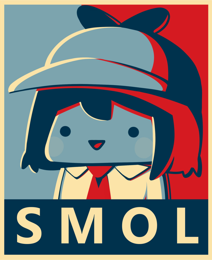 ._. 1girl :d barack_obama_hope_poster blue_background blush_stickers border chibi commentary deerstalker english_text hat highres hololive hololive_english long_sleeves necktie phdpigeon red_background red_necktie shirt smile smol_ame solid_circle_eyes solo two-tone_background upper_body watson_amelia white_border white_shirt