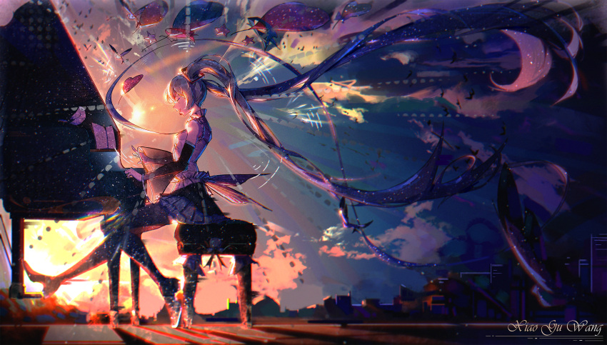 1girl :d absurdly_long_hair artist_name backlighting black_sleeves boots closed_eyes detached_sleeves floating_hair from_side full_body grand_piano hair_between_eyes hair_ornament hatsune_miku headset highres instrument layered_skirt long_hair long_sleeves microphone miniskirt music open_mouth outdoors piano playing_instrument pleated_skirt profile see-through see-through_sleeves shirt singing skirt sleeveless sleeveless_shirt smile solo thigh_boots twintails very_long_hair vocaloid xiao_gu_wang zettai_ryouiki