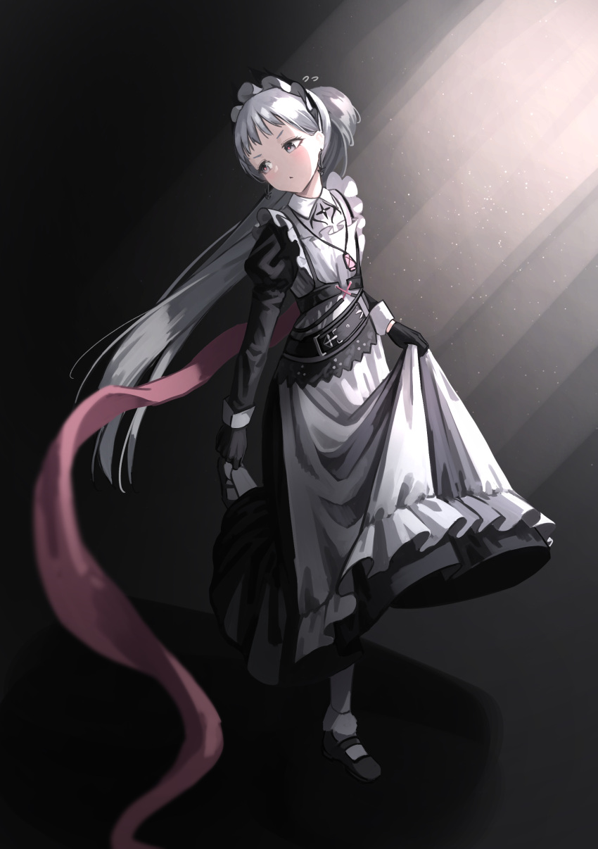 1girl absurdres ambience_synesthesia apron arknights black_dress black_footwear black_gloves closed_mouth commentary_request dress flying_sweatdrops frilled_apron frills gloves grey_eyes grey_hair head_tilt highres irene_(arknights) juliet_sleeves kimsuwan2013 long_hair long_sleeves looking_away looking_to_the_side pantyhose ponytail puffy_sleeves shoes solo standing standing_on_one_leg very_long_hair white_apron white_pantyhose