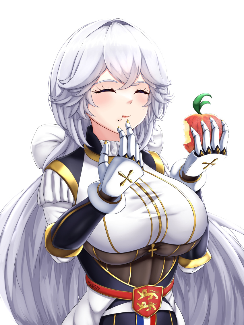 absurdres apple breasts chewing closed_eyes closed_mouth cross eating food french_flag fruit gauntlets hair_tie highres holding holding_food holding_fruit large_breasts lion long_hair musanix original white_background white_hair