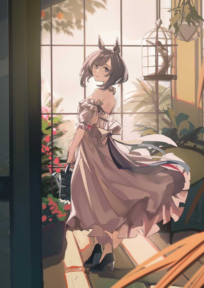 1girl alternate_costume bird birdcage black_footwear black_hair blue_eyes bob_cut cage detached_sleeves dress eishin_flash_(umamusume) from_side full_body fuyukayui high_heels highres holding horse_girl looking_at_viewer looking_to_the_side off-shoulder_dress off_shoulder short_hair smile solo swept_bangs umamusume white_dress