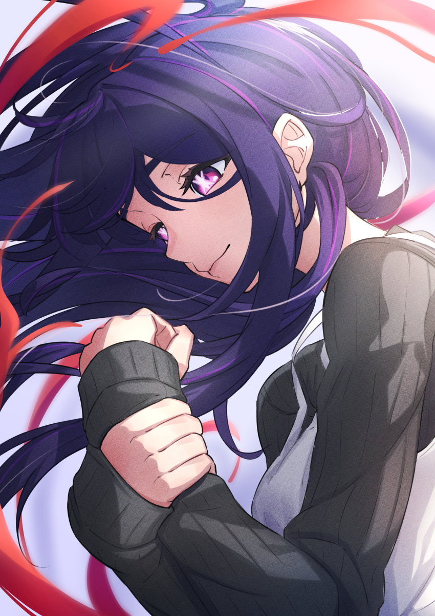 1girl absurdres arua_(osmfc4zw9nsqnoi) closed_mouth commentary_request grey_sweater highres holding_own_wrist hoshino_ai_(oshi_no_ko) long_hair long_sleeves oshi_no_ko partial_commentary purple_hair sidelocks solo star-shaped_pupils star_(symbol) sweater symbol-shaped_pupils violet_eyes