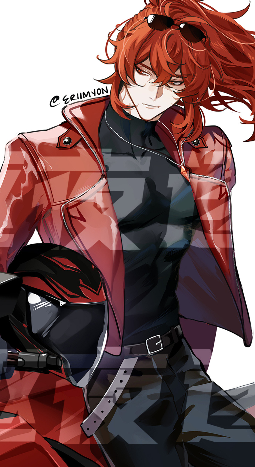 1boy artist_name bishounen cowboy_shot diluc_(genshin_impact) eriimyon eyewear_on_head genshin_impact helmet highres jacket long_hair male_focus motor_vehicle motorcycle red_eyes red_jacket redhead simple_background solo sunglasses toned toned_male white_background