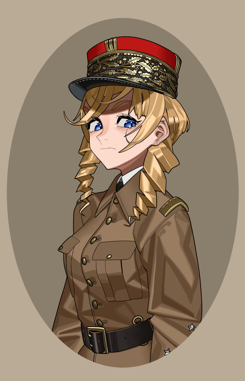 1girl :/ absurdres belt blonde_hair blue_eyes brown_jacket collared_shirt drill_hair facial_hair french_army hat hearts_of_iron highres jacket kaiserreich kepi military_hat original philippe_petain pzkpfwi real_life shirt v-shaped_eyebrows white_shirt