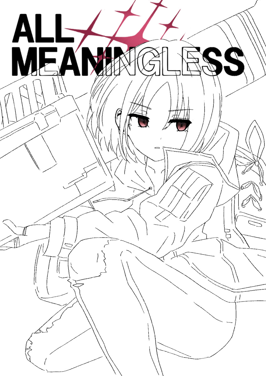 1girl blue_archive english_text generic_33 halo highres hood hoodie looking_at_viewer misaki_(blue_archive) red_eyes rocket_launcher short_hair sketch solo weapon