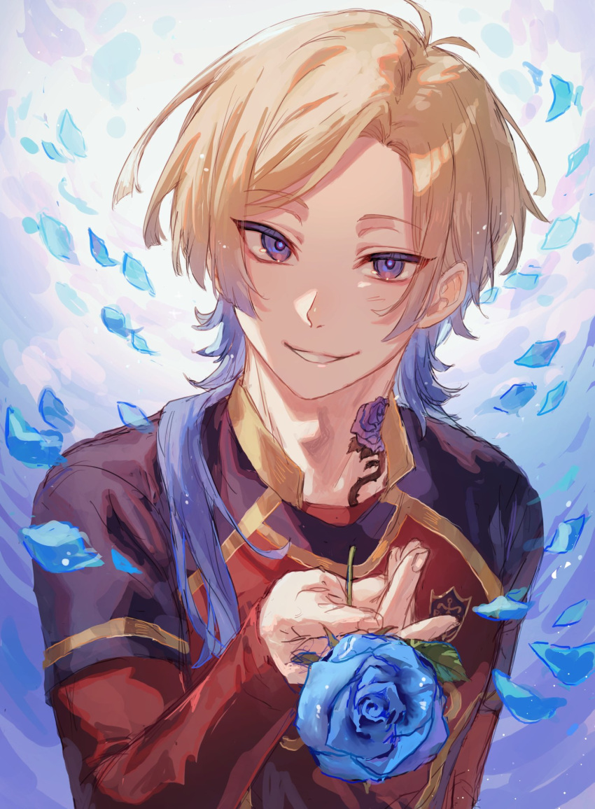 1boy blonde_hair blue_background blue_eyes blue_flower blue_hair blue_lock blue_rose collared_shirt commentary flower highres holding holding_flower kshima_mo369 long_hair long_sleeves looking_at_viewer male_focus michael_kaiser multicolored_hair red_shirt rose shirt sketch soccer_uniform solo sportswear two-tone_hair upper_body