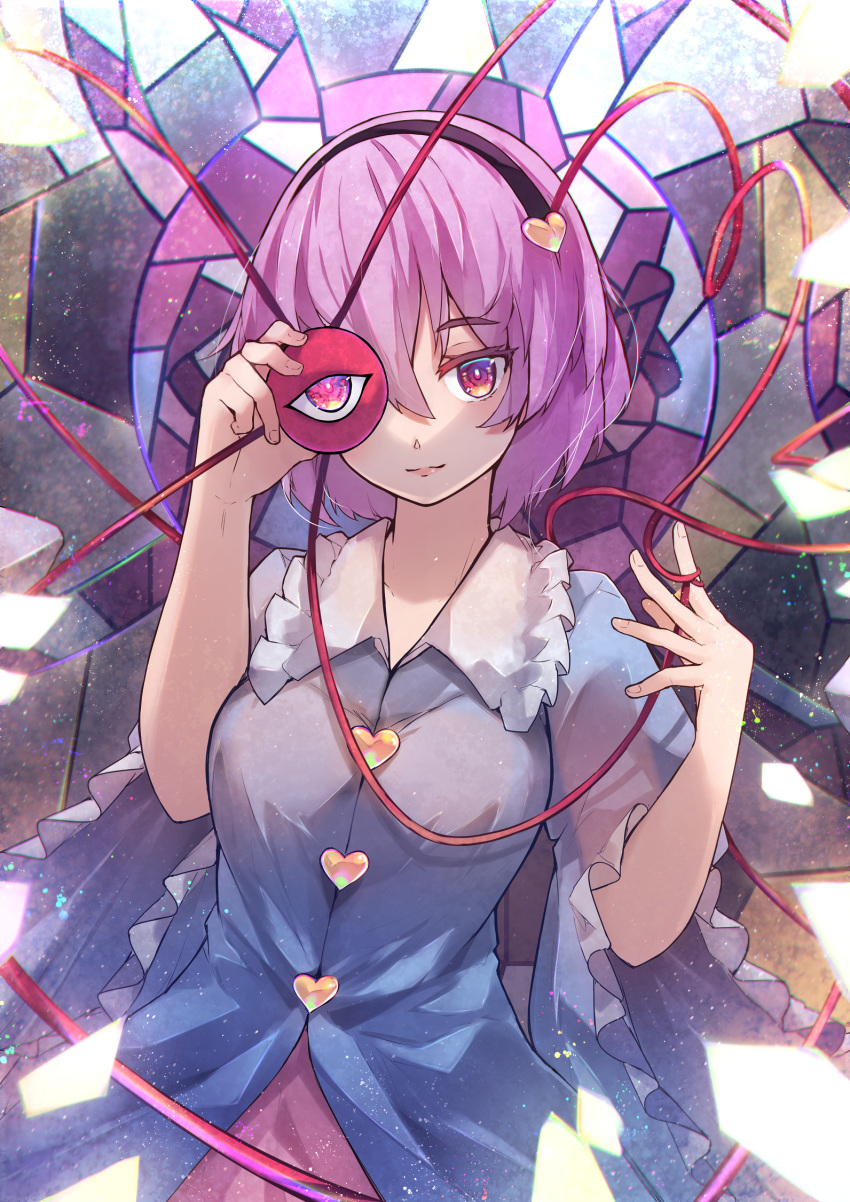 1girl animated black_hairband blue_shirt chiroru_(cheese-roll) closed_mouth commentary commission hairband heart highres komeiji_satori light_particles long_sleeves looking_at_viewer looping_animation pink_eyes shirt solo stained_glass third_eye touhou upper_body wide_sleeves