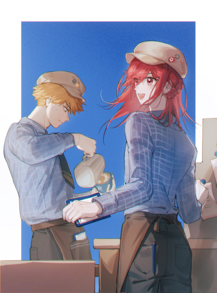 2boys apron black_necktie black_pants blue_background blue_lock blue_shirt brown_apron brown_headwear chigiri_hyoma clipboard closed_mouth coffee cowboy_shot cup hand_up hat highres holding holding_clipboard holding_cup kunigami_rensuke long_hair long_sleeves looking_away male_focus multiple_boys necktie open_mouth orange_hair p66666l pants profile red_eyes redhead shirt short_hair smile standing sweatdrop waist_apron