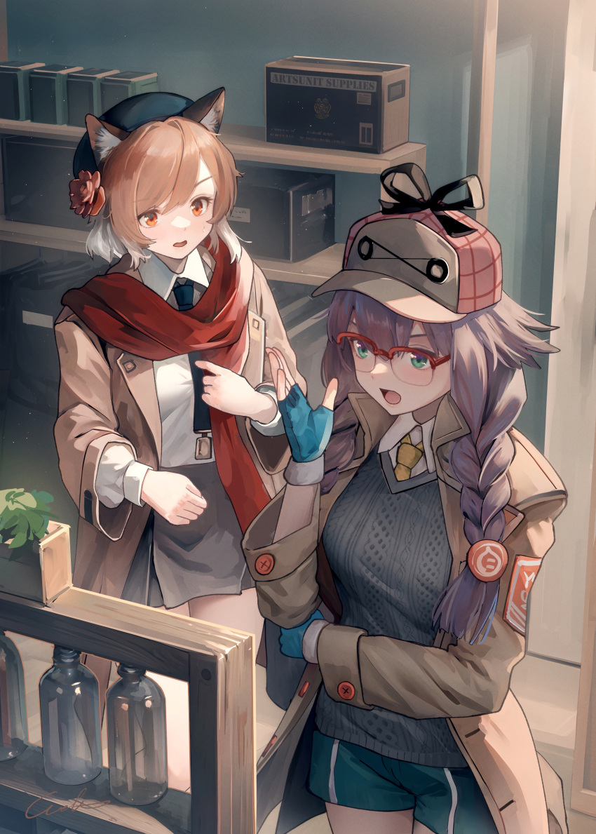 2girls absurdres animal_ear_fluff animal_ears arknights beret black_headwear black_necktie blue_gloves blue_shorts breasts brown_hair brown_jacket collared_shirt commentary_request deerstalker fingerless_gloves glasses gloves green_eyes grey_hair grey_skirt hair_between_eyes hand_up hat highres indoors jacket long_hair long_sleeves low_twintails may_(arknights) medium_breasts mousse_(arknights) multicolored_hair multiple_girls necktie open_clothes open_jacket open_mouth over-rim_eyewear pink_headwear puffy_long_sleeves puffy_sleeves red-framed_eyewear red_eyes red_scarf scarf semi-rimless_eyewear shelf shirt shorts signature skirt standing sweater_vest twintails two-tone_hair welt_(kinsei_koutenkyoku) white_hair white_shirt yellow_necktie