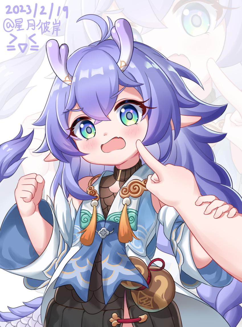 1girl :o bailu_(honkai:_star_rail) blue_hair cheek_poking chinese_clothes commentary_request detached_sleeves dragon dragon_girl dragon_horns eastern_dragon gourd green_eyes hair_between_eyes highres honkai:_star_rail honkai_(series) horns hoshitsuki_higan long_hair long_sleeves looking_at_viewer pointy_ears poking pov sidelocks simple_background tail wide_sleeves zoom_layer