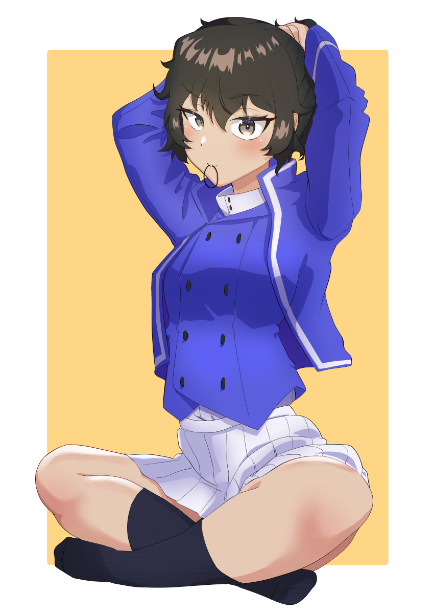 1girl absurdres adjusting_hair andou_(girls_und_panzer) arms_up bc_freedom_military_uniform black_eyes black_hair black_socks blue_jacket blue_vest closed_mouth commentary dark-skinned_female dark_skin dress_shirt girls_und_panzer hair_tie_in_mouth hands_in_hair high_collar highres indian_style jacket long_sleeves looking_at_viewer military military_uniform miniskirt mouth_hold pleated_skirt shirt short_hair sitting skirt smile socks solo tenpura32200 tying_hair uniform vest white_shirt white_skirt yellow_background