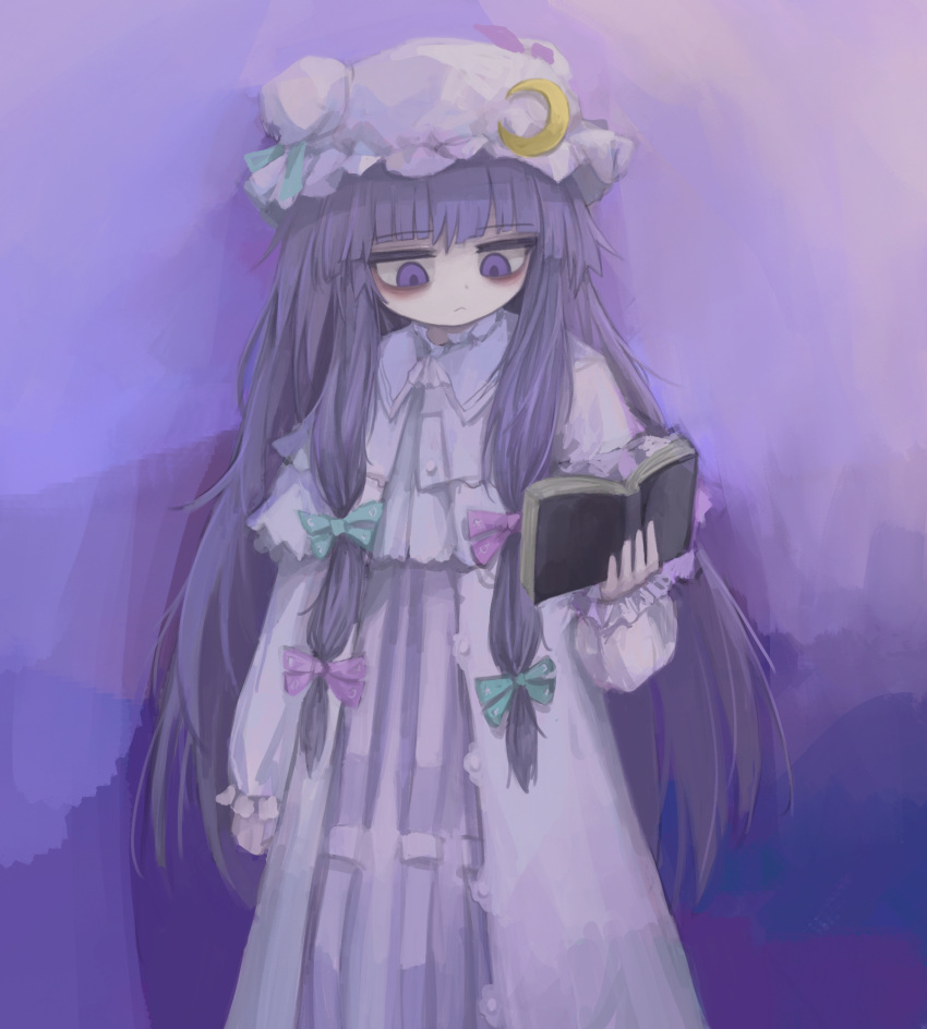 1girl bags_under_eyes blue_bow book bow bun_cover double_bun dress frown hair_bow hair_bun hat highres holding holding_book long_hair long_sleeves mob_cap patchouli_knowledge purple_dress purple_hair purple_headwear red_bow reverinth robe solo striped striped_dress touhou vertical-striped_dress vertical_stripes very_long_hair violet_eyes